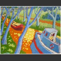 Bateaux sur canal du midi-acrylique sur carton 3mm-40x50cm